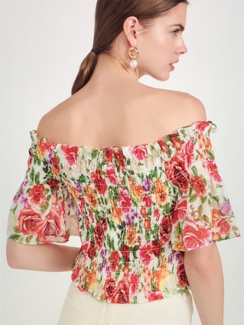 L’Agence Bexley Off Shoulder Smocked Top in White Multi Garden Floral S $260 - Picture 3 of 15